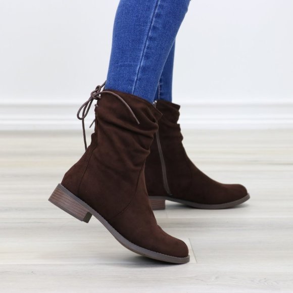 Shoes - Brown Round Toe Suede Ankle Booties With Lace Back